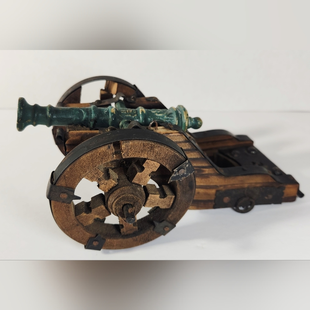 Vintage Miniature Cast Iron Cannon With Wooden Carriage Metal Banding And Nails